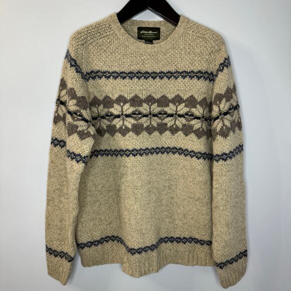 Vintage 90’s Eddie Bauer Knit Wool Snowflake Fair Isle Beige Sweater Mens XL New - Picture 1 of 9